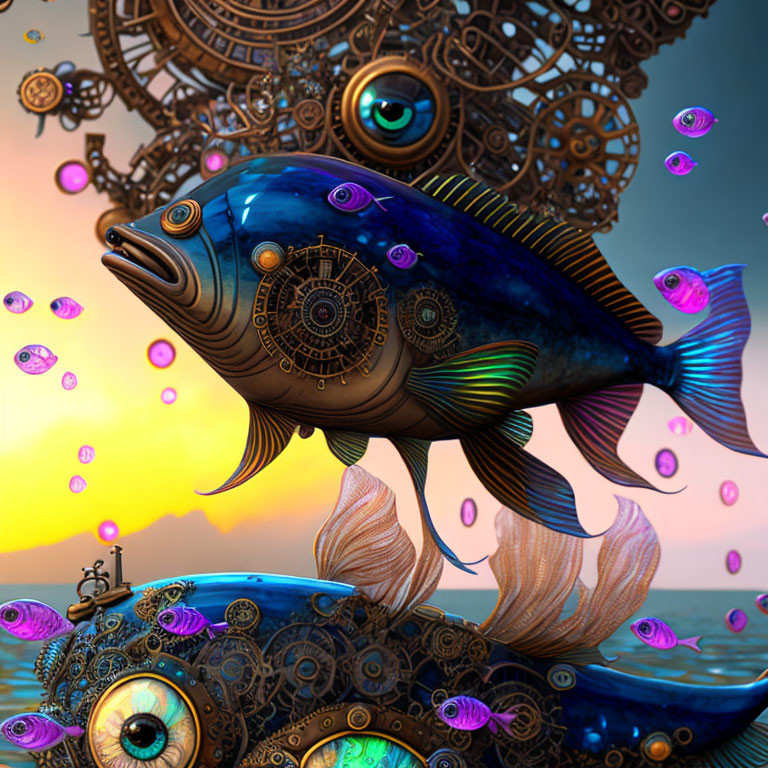 Steampunk mechanical fish swimming in golden sunset ocean