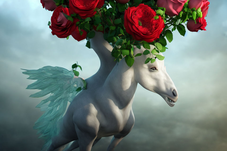 White Pegasus with Green Feathered Wings and Crown of Red Roses in Cloudy Sky