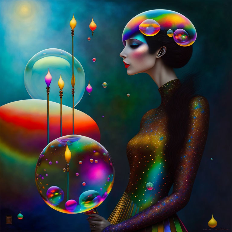 Colorful soap bubbles and burning candles in surreal portrait