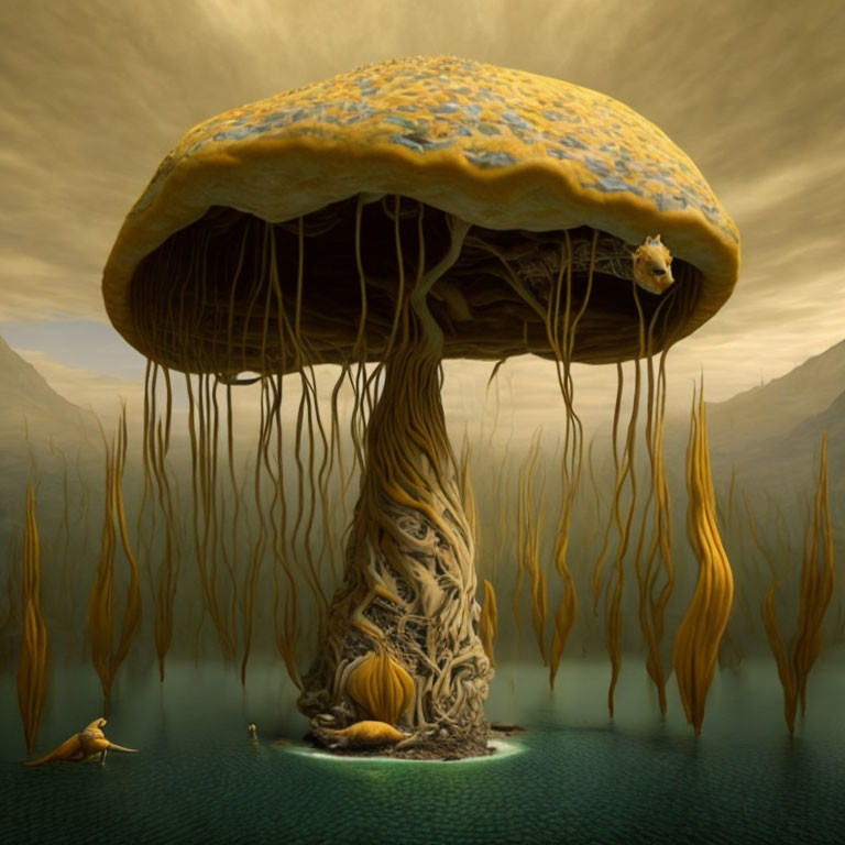 Giant Textured Mushroom in Misty Water with Birds and Squirrel