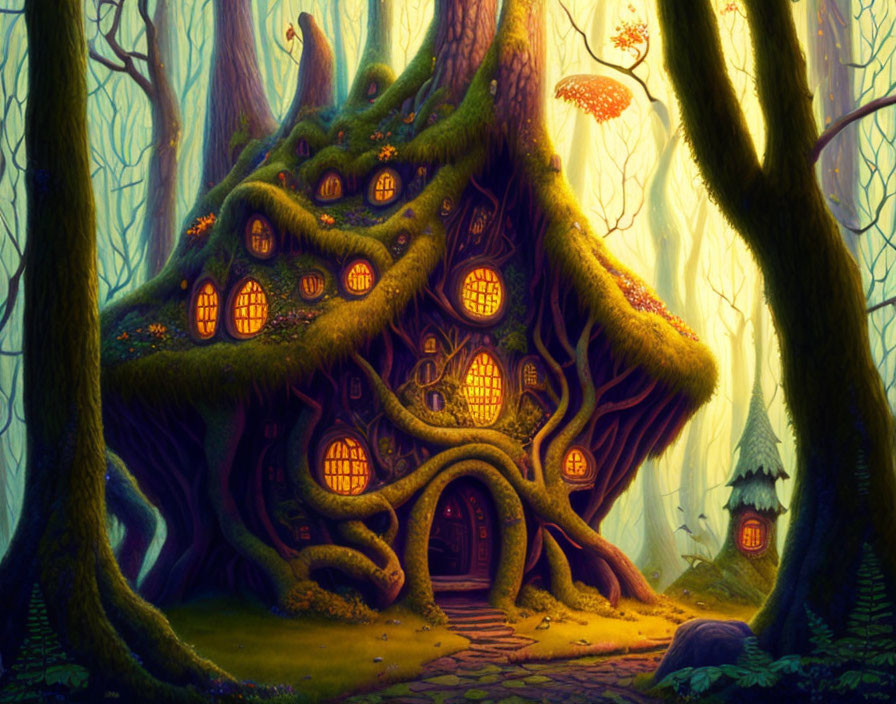 Whimsical treehouse in mystical forest with glowing windows