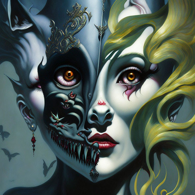 Split-face surreal artwork: beautiful woman vs. demonic figure