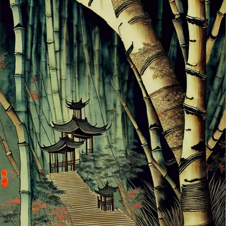 Asian-style painting of bamboo forest with pagoda in warm tones