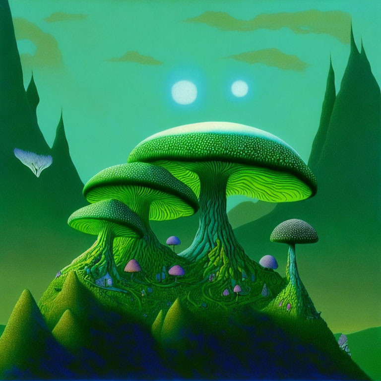 Surreal landscape: oversized green mushrooms, two moons, dark hills, lone butterfly