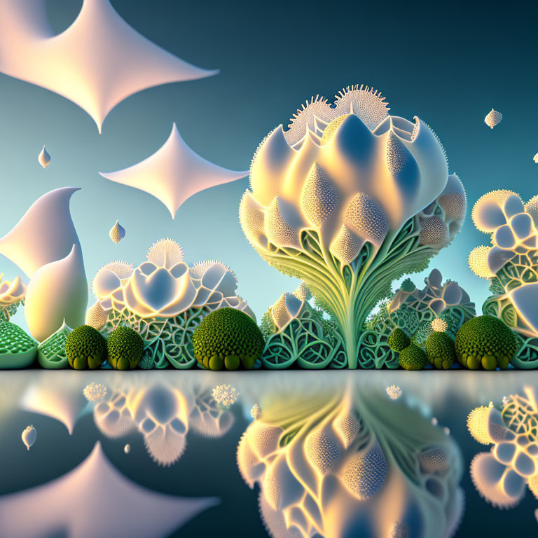 Surreal landscape with reflective surface, fractal tree, and floating white figures