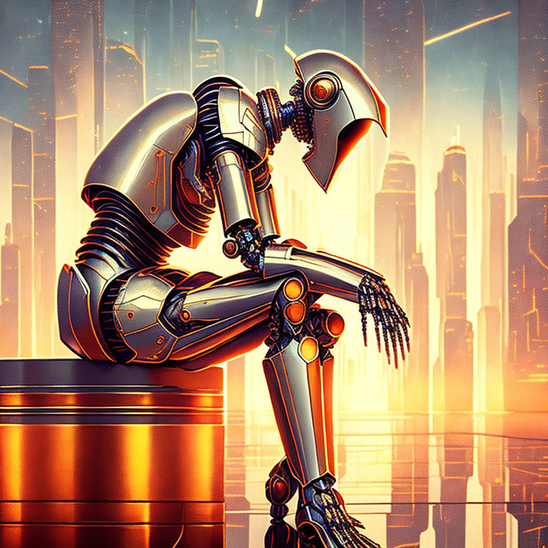 Robot Contemplating Sunset Over Futuristic City