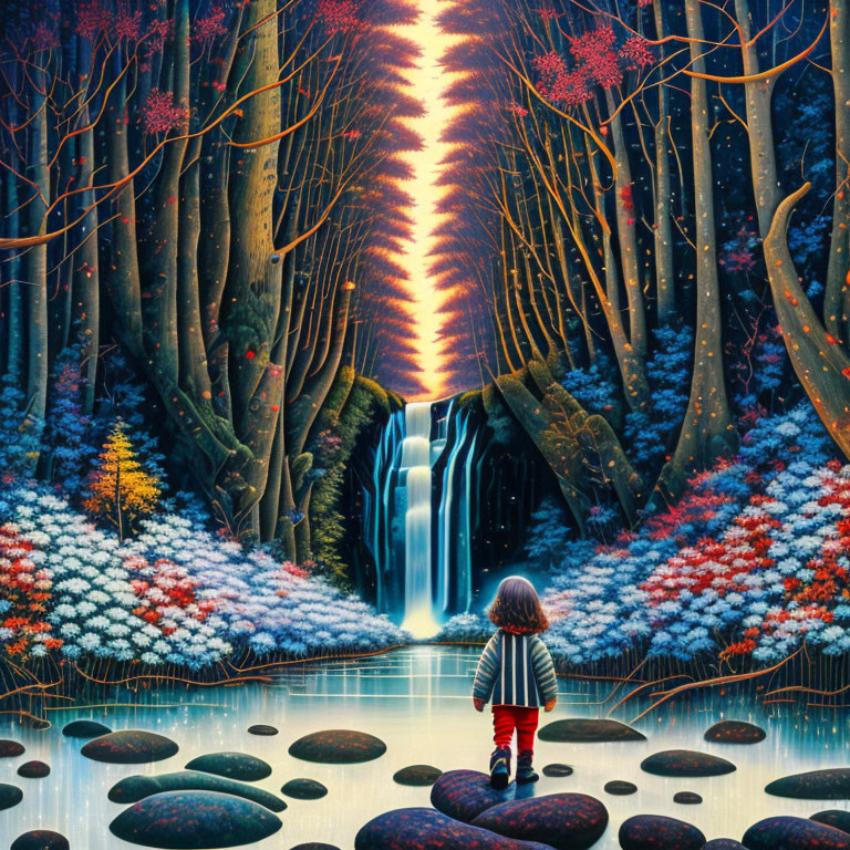 Child in front of vibrant magical forest with luminous waterfall