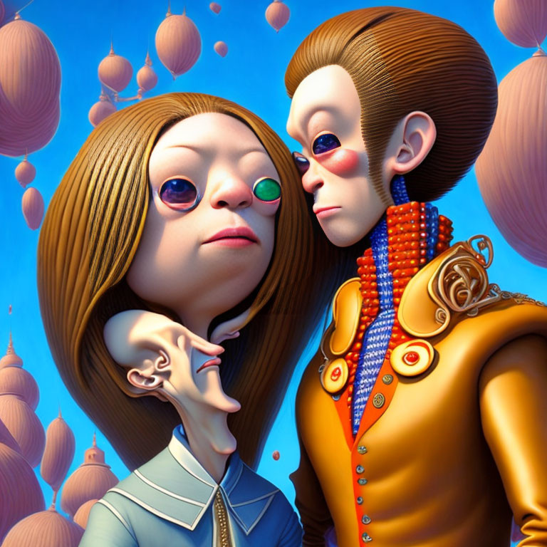 Colorful animated characters with exaggerated facial features and floating orbs backdrop
