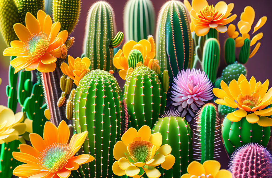 Colorful cacti with yellow and orange flowers on purple background