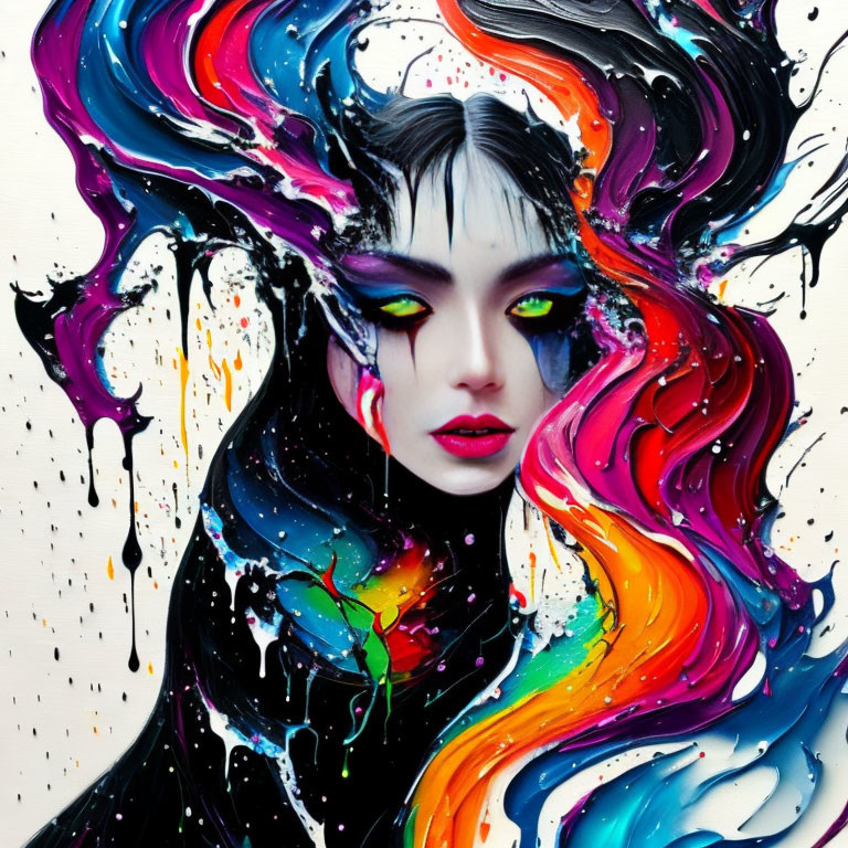 Vibrant artistic portrait: woman's face merges with flowing paint swirls