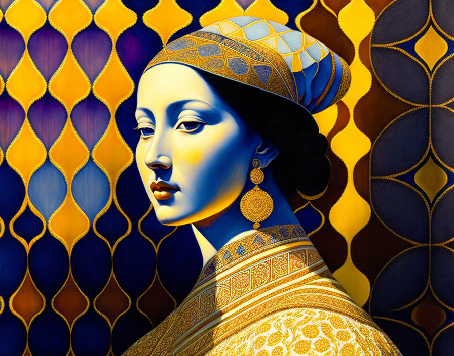 Blue-skinned woman with gold headdress in traditional attire on colorful background