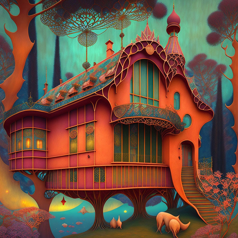 Colorful Treehouse in Mystical Forest with Ethereal Creatures