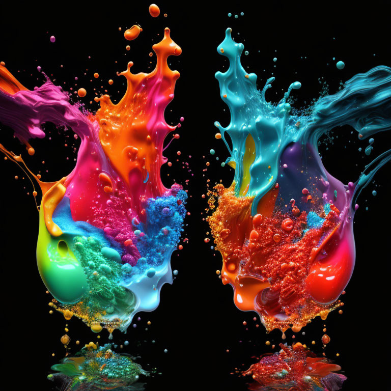 Colorful liquid splashes in mid-air against black background