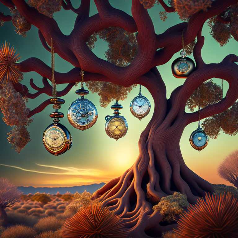 Intricate Tree with Antique Watches Under Orange Sky