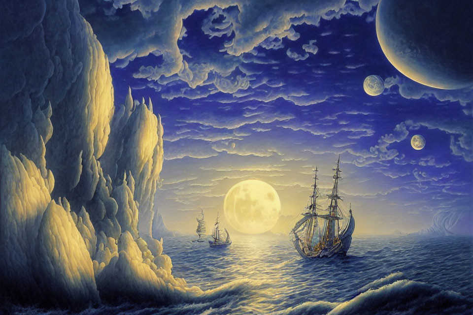 Multiple moons illuminate sailing ships on a surreal nocturnal sea under a large full moon, amidst towering clouds