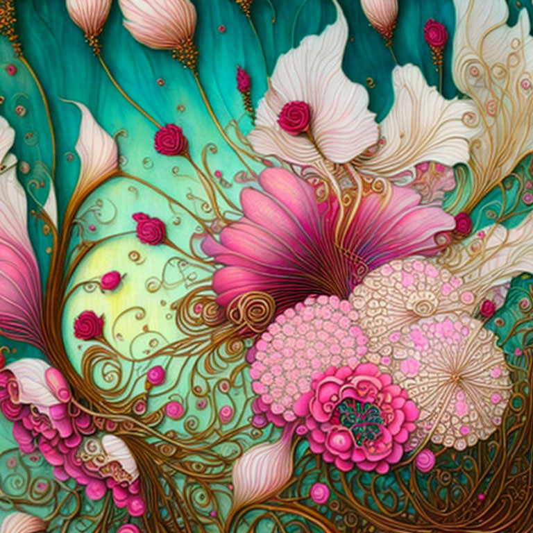 Colorful Floral and Botanical Illustration with Intricate Patterns