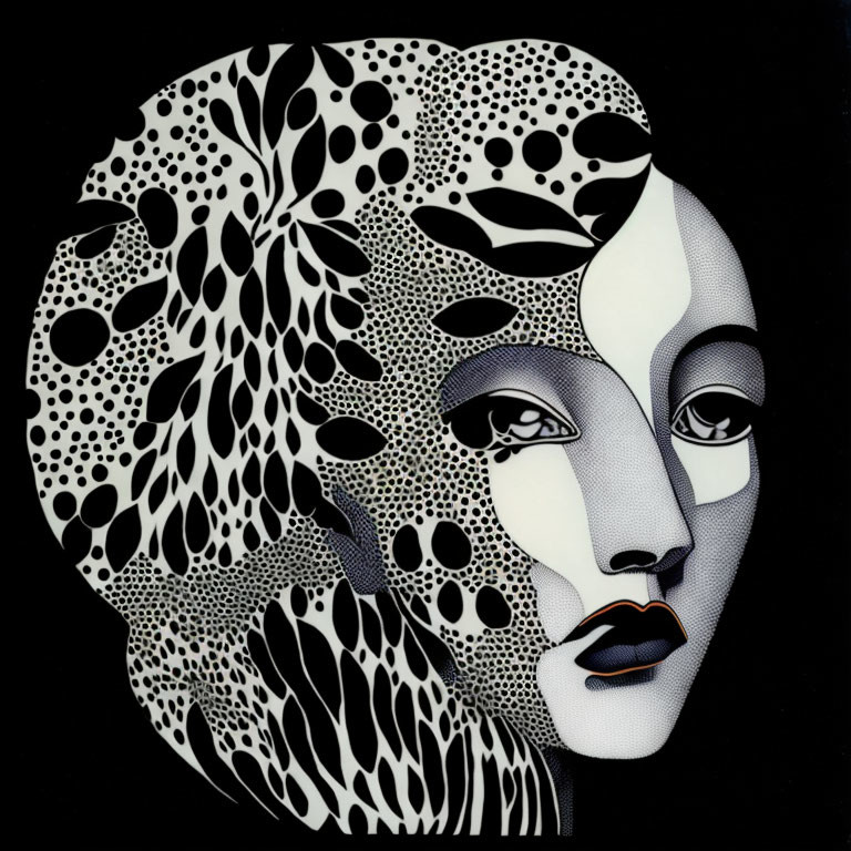 Monochromatic artistic illustration: Woman's face merges with tree, featuring leaf pattern and organic holes.