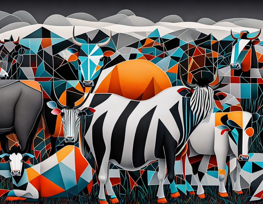 Geometric wildlife art: stylized elephant, zebra, and cattle on mosaic backdrop