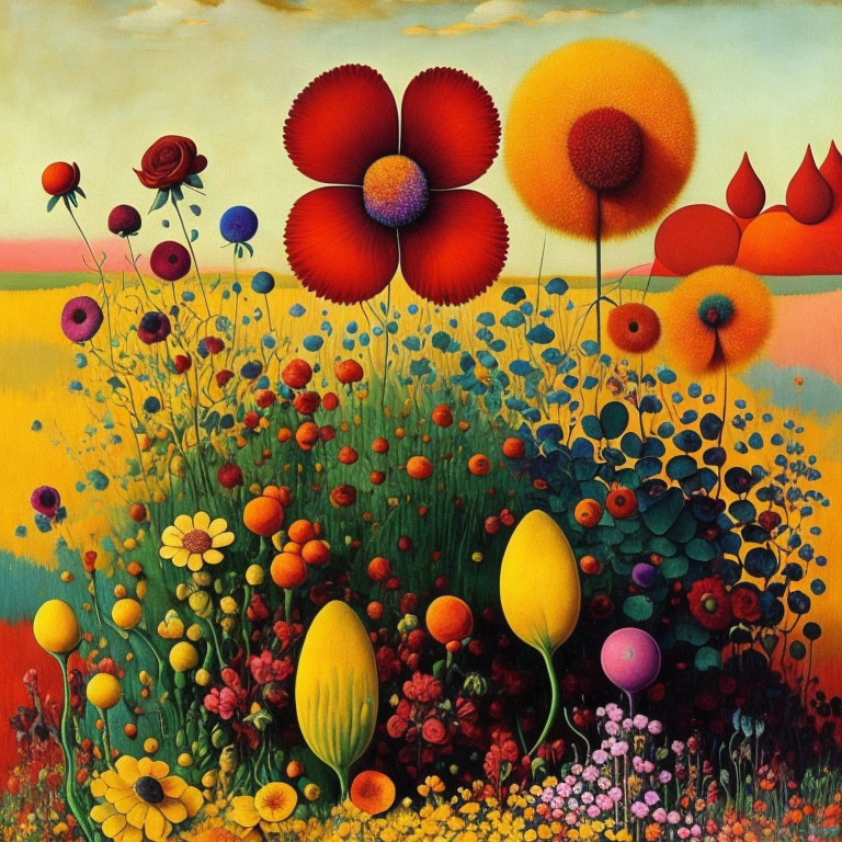 Colorful Stylized Flower Field at Sunset