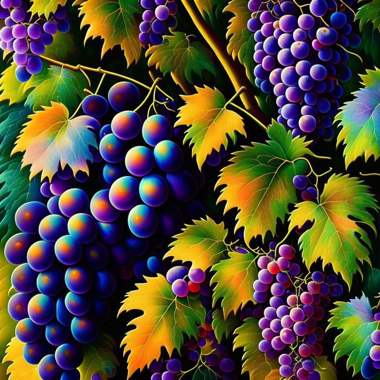 Colorful Illustration of Ripe Purple Grapes on Vines