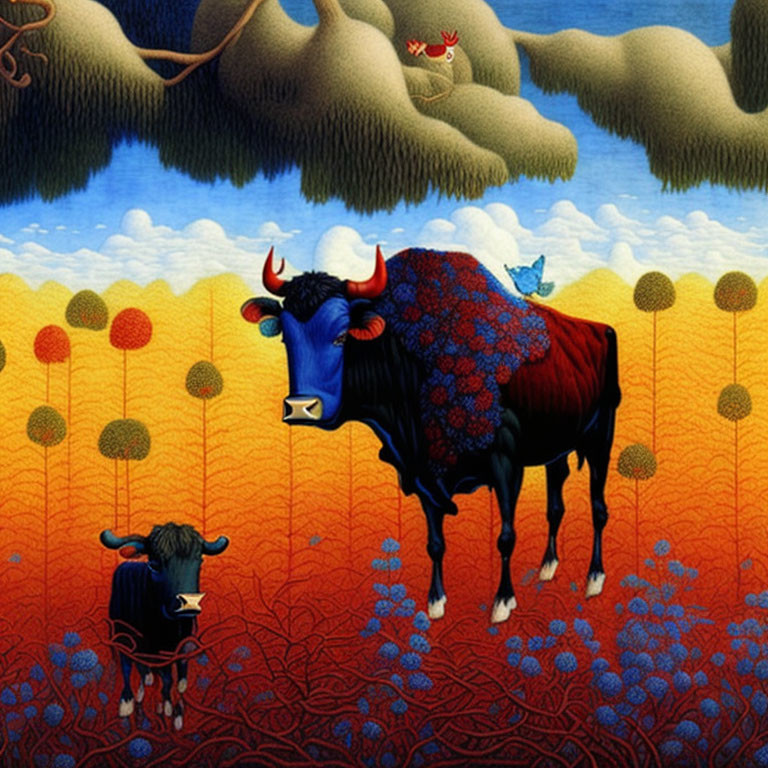 Colorful painting: Blue cows in surreal landscape with orange fields and blue flora