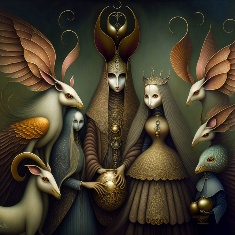 Surreal artwork with animal-like characters in regal attire