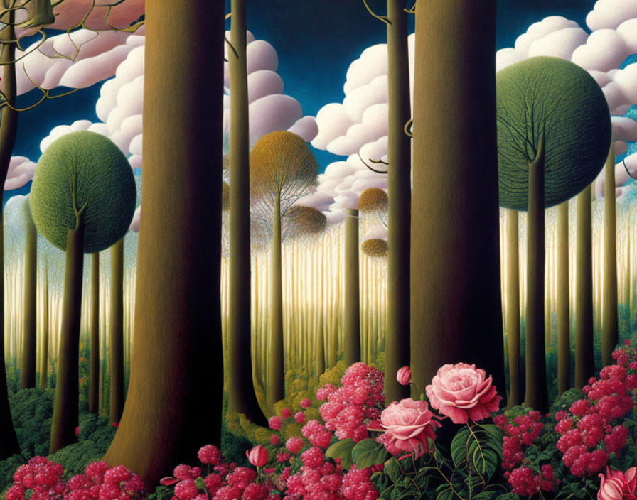 Ethereal forest scene with tall trees, topiary bushes, pink roses, and pink-