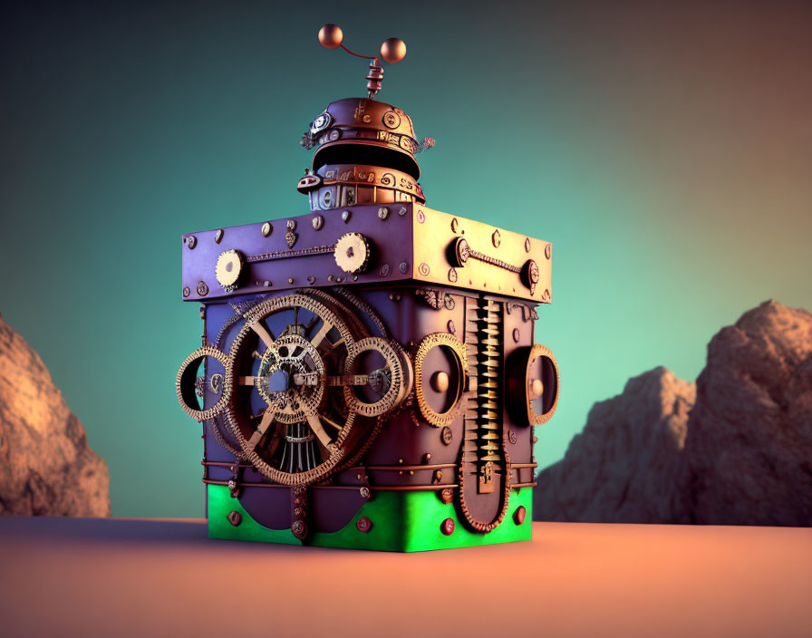 Steampunk-style robot with gears and rivets against sunset-lit cliffs