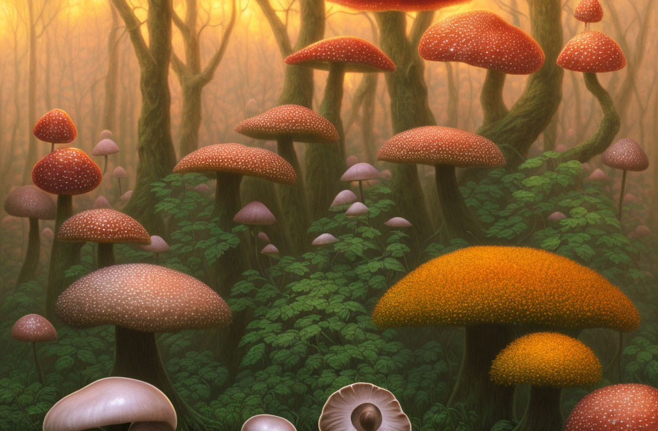 Enchanted forest with oversized whimsical mushrooms and foggy backdrop