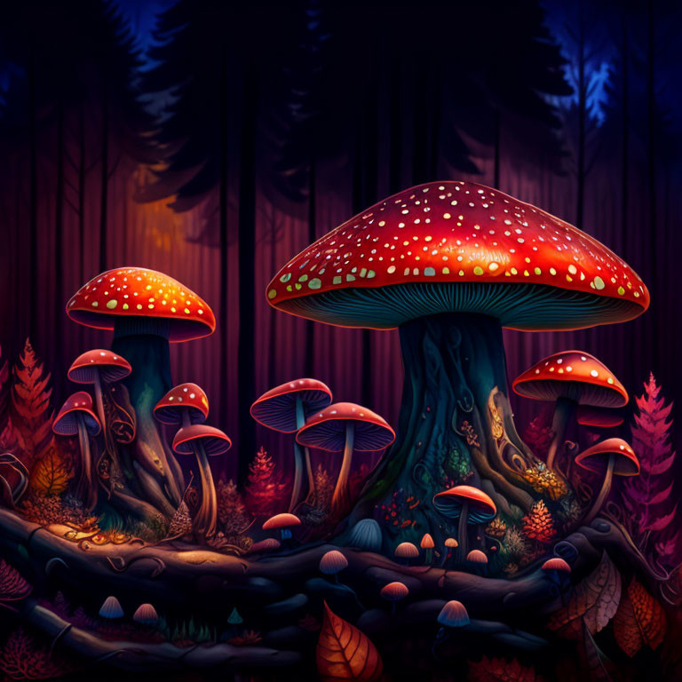 Enchanted night forest with vibrant red mushrooms