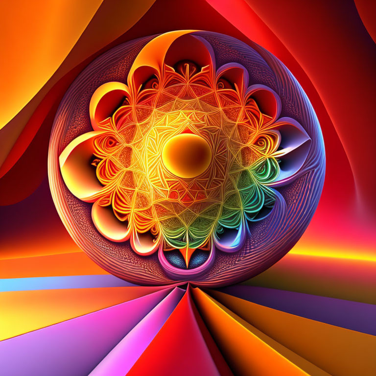 Symmetrical fractal digital art with vibrant red, orange, and yellow hues