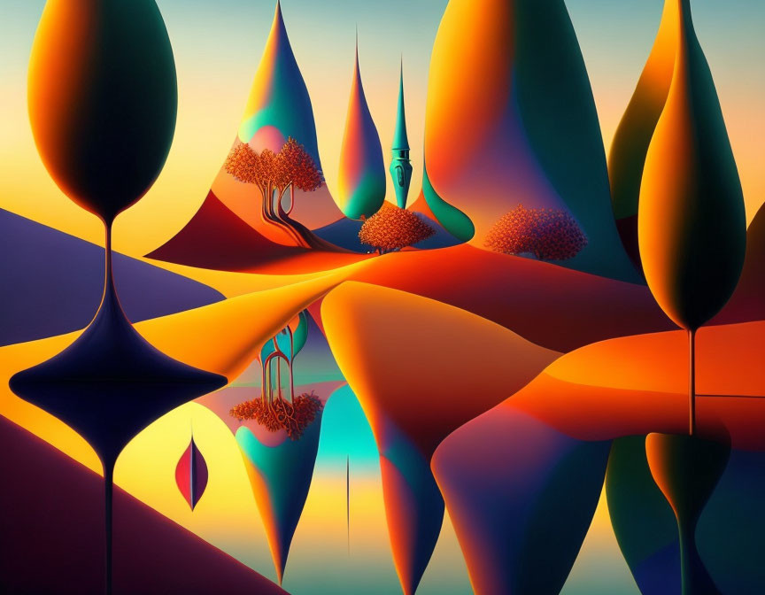 Surreal landscape with stylized trees, castle, warm color palette