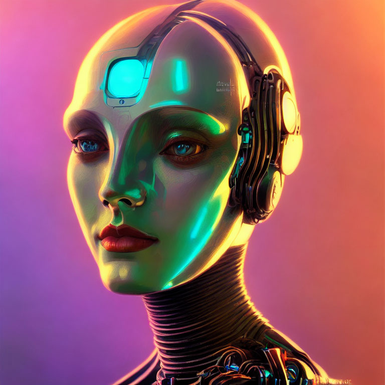 Detailed humanoid robot with mechanical neck and colorful face lighting