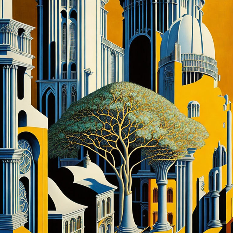 Detailed surreal architectural landscape with large tree and stylized buildings