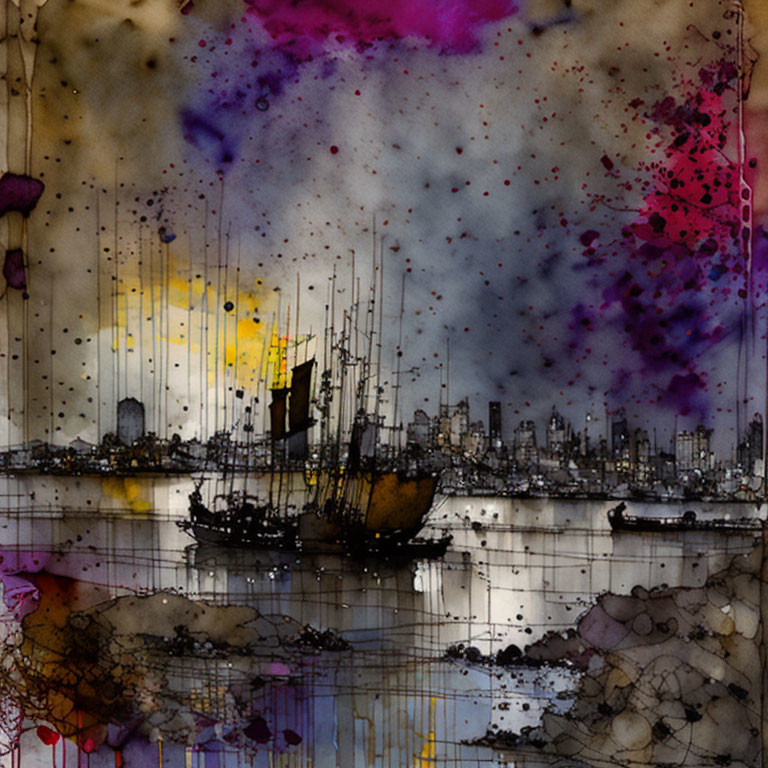 Vibrant abstract watercolor cityscape with boats and dripping ink details