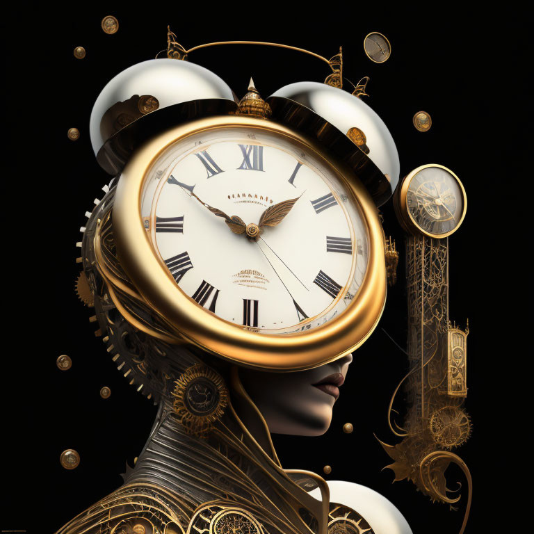 Surreal head silhouette with clock elements and golden gears on black background