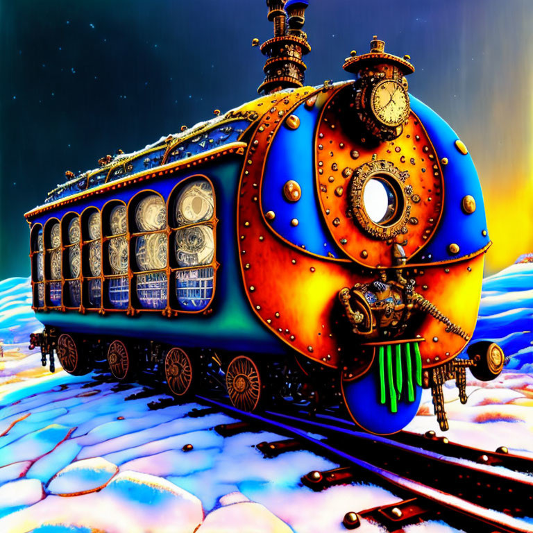 Colorful Whimsical Steam Train Against Cosmic Backdrop