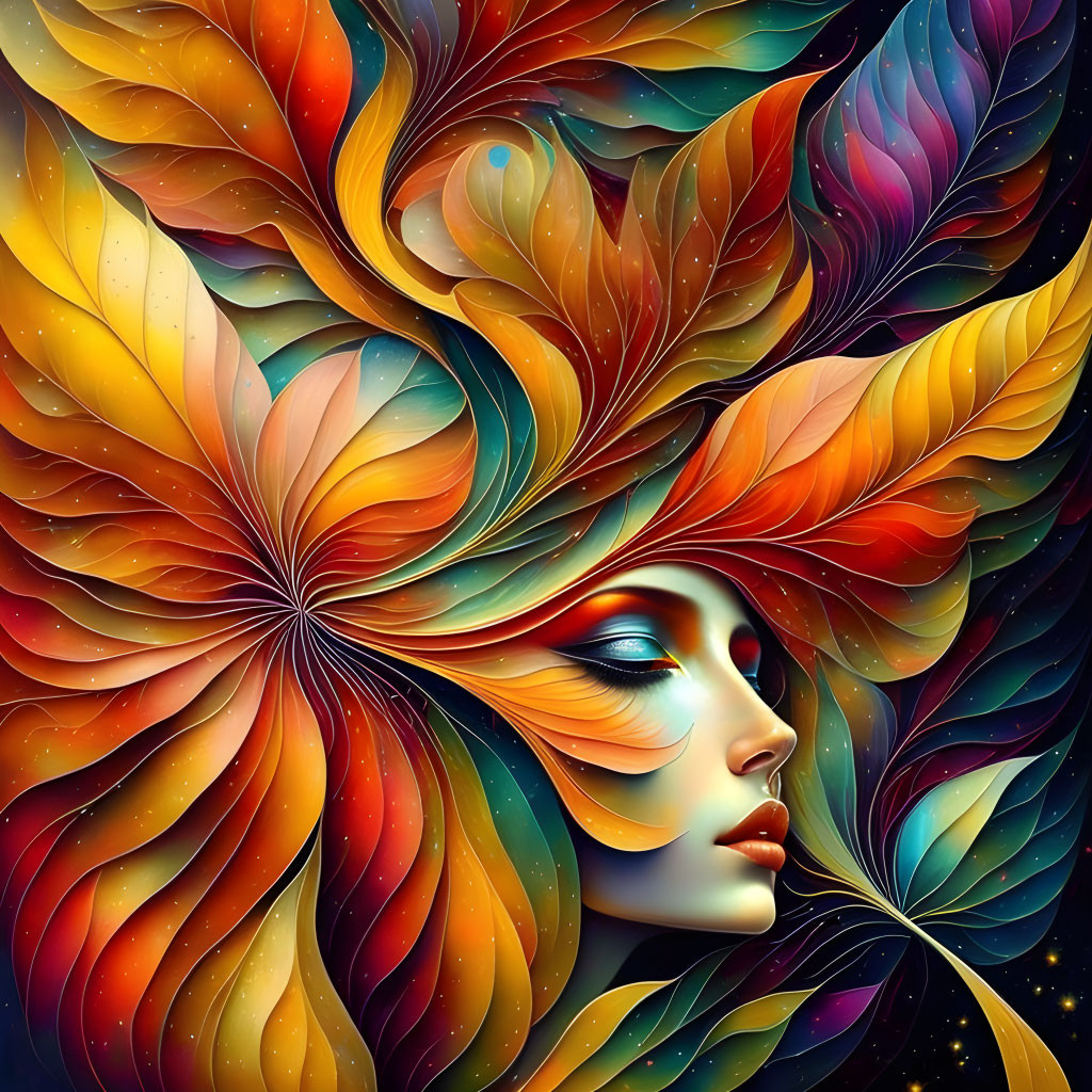 Colorful autumn leaves woman illustration in red, orange, and blue