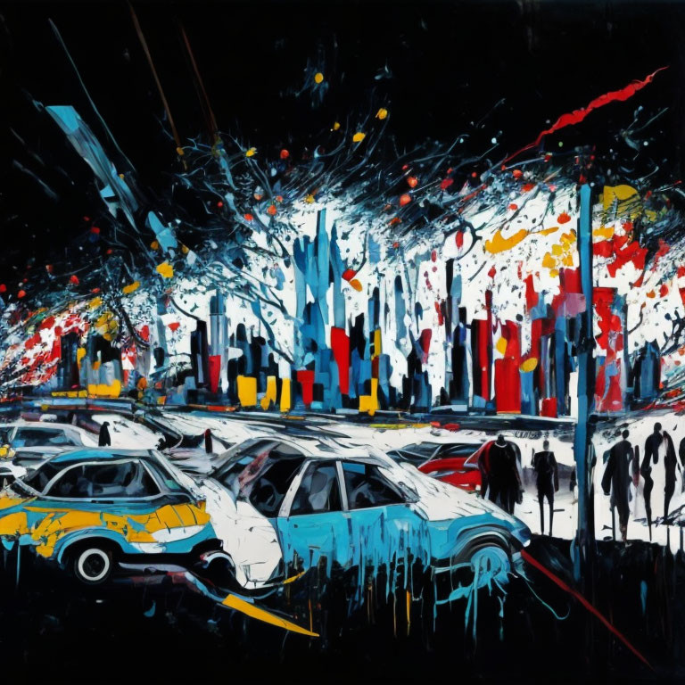 Vibrant abstract cityscape painting with colorful splashes and silhouettes