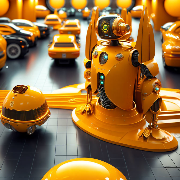 Futuristic orange robot in showroom with orange cars