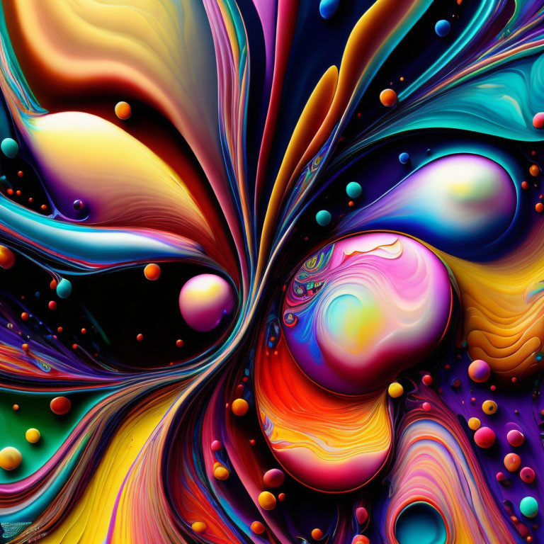 Colorful digital art with swirling patterns in blues, purples, and oranges