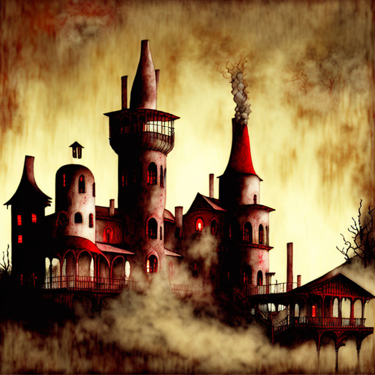 Twisted tower castle in smoky ambiance under murky sky