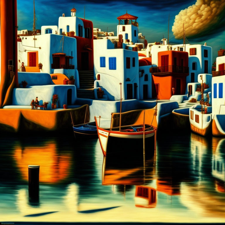 Colorful Mediterranean Coastal Village Painting with Red and White Buildings