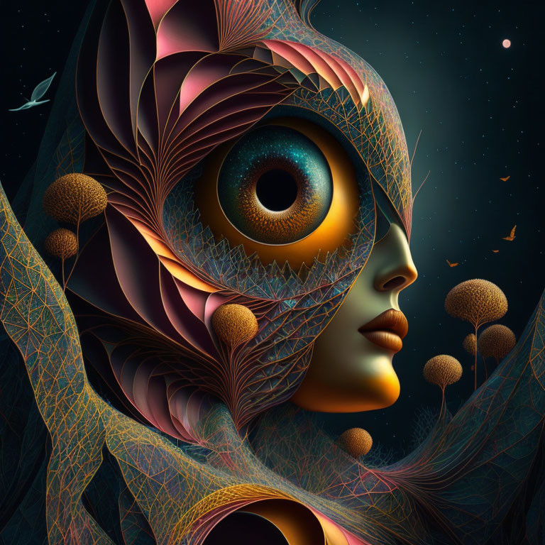 Surreal digital artwork featuring woman with large eye and intricate patterns