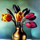 Colorful Tulip Bouquet in Golden Vase on Green Background