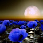 Surreal nighttime landscape with glowing blue flowers and two moons