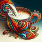 Colorful cup and saucer with splashing liquid on teal background