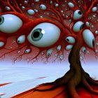 Surreal red tree digital artwork with blue lake & mountains