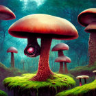 Victorian-era figures in surreal landscape with oversized mushroom-like trees