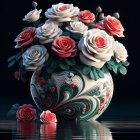 Colorful digital artwork: decorative vase with intricate patterns and pastel roses on reflective surface